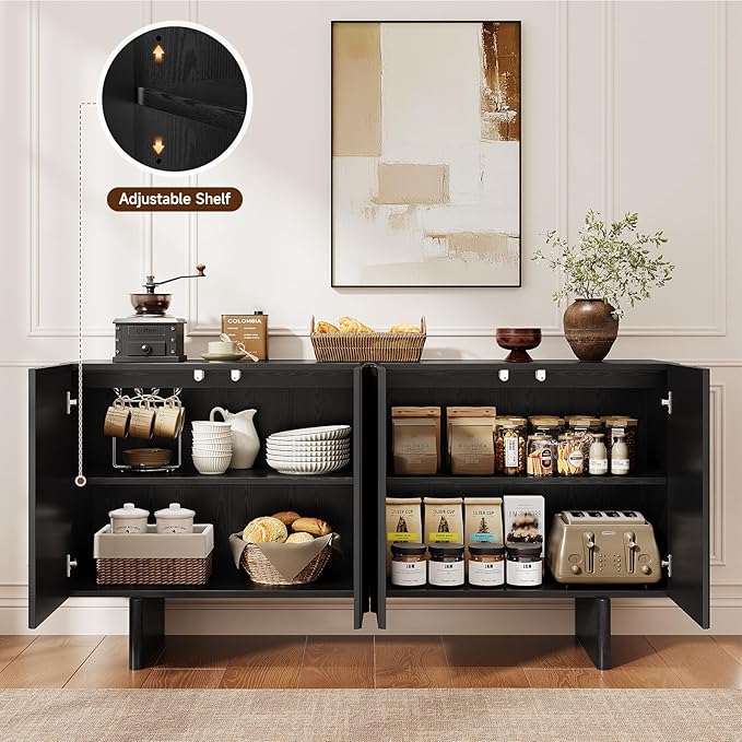 ONBRILL 63" Fluted Sideboard Buffet Cabinet with Storage, Large Sideboard Cabinet with Adjustable Shelves, Modern Credenza with 4 Doors, Kitchen Cabinets for Living Room, Entryway (Black)