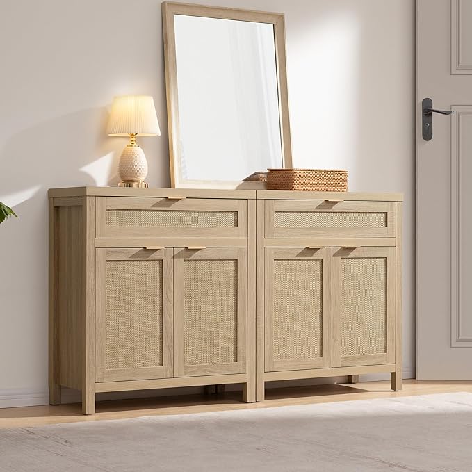 SICOTAS Sideboard Buffet Storage Cabinet, Rattan Accent Cabinet with Doors and Drawer, Boho Credenzas Buffet Table Console Coffee Bar Cabinets for Entryway Living Room, Natural