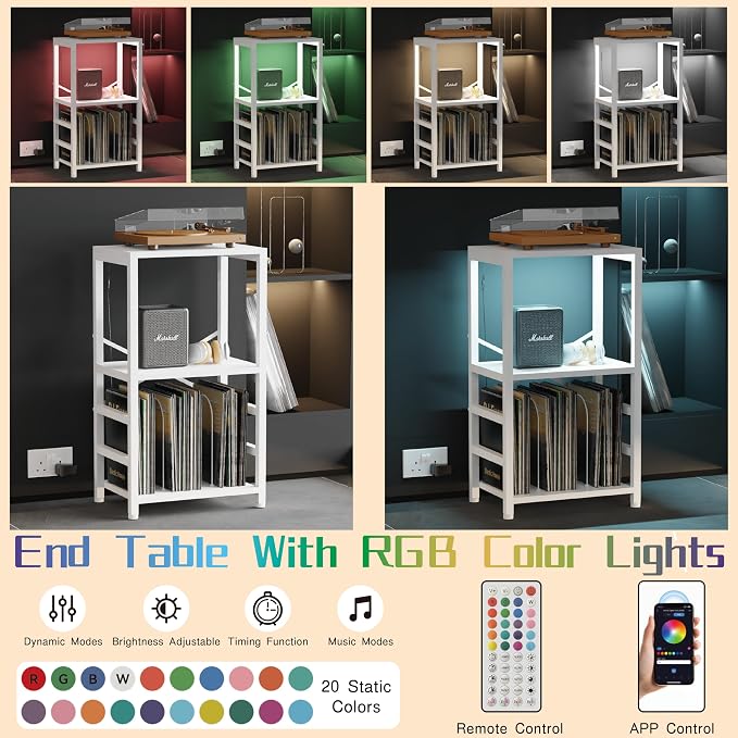 YAKANJ End Table with LED Light,Record Player Stand with Albums Storage,Vinyl Records Storage,Turntable Stand Side Table for Music Room Studio Living Room Bedroom-Rustic White