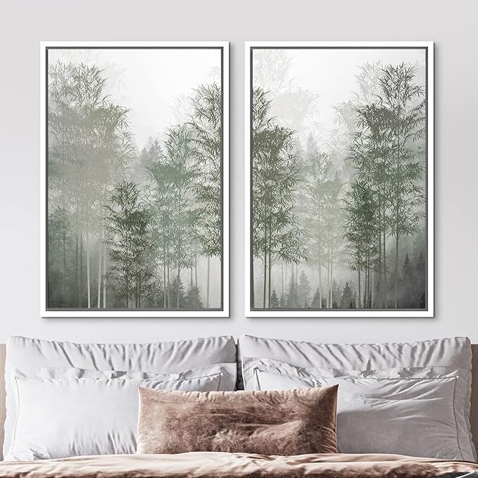 MUDECOR Framed Canvas Print Wall Art Pastel Watercolor Misty Fog Forest Tree Wilderness Nature Illustrations Modern Art Decorative Calm/Relax Multicolor Rustic Minimal for Bedroom - 24"x36"x2 White