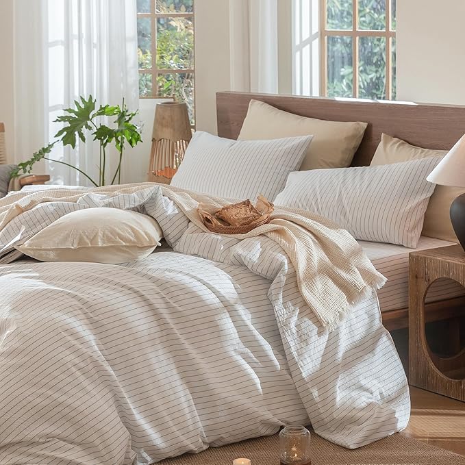MooMee Striped Duvet Cover Set 100% Washed Cotton Linen Like Textured Breathable Durable Soft Comfy (White Cornflower Blue Wide Stripes, Twin 68"x90")