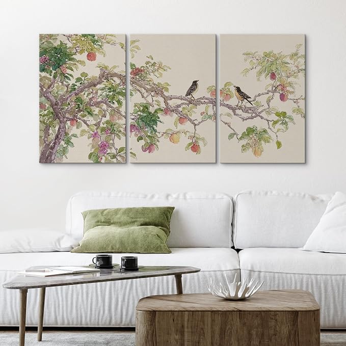 wall26 Canvas Print Wall Art Set Watercolor Fruit Tree Branch with Birds Botanical Decorative Minimal Relax/Zen for Living Room, Bedroom, Office - 24"x36" x 3