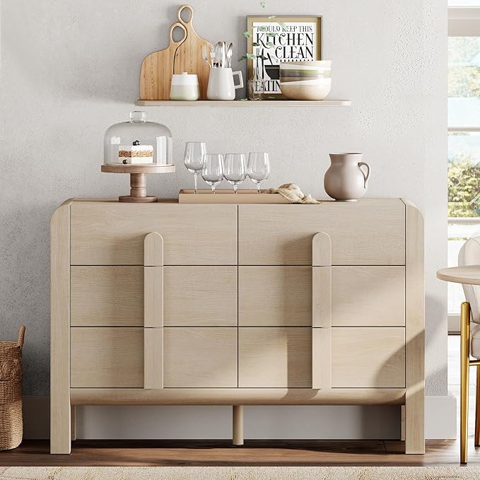 WAMPAT 47.2" W Buffet Cabinet with 6 Drawers, Modern Sideboard Buffet Cabinet with Storage, Buffet Table Coffee Bar Wine Bar Storage Cabinet for Dining Room, Living Room, Hallway, Light Oak