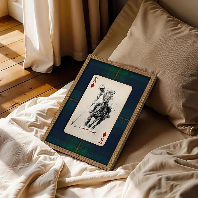 Framed Vintage Playing Card Wall Art Set of 2, Classic Polo Rider and Race Horse Canvas Prints, Retro Equestrian Sketch Poster, Old-Money Sports Wall Decor for Study Home Office Game Room 12x16in