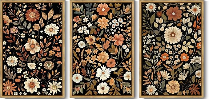 KUVIOKE Orange Vintage Flower Framed Wall Art Boho Floral Wall Decor Retro Wildflower Modern Art Prints for Living Room Bedroom 24x36in (Natural Framed)