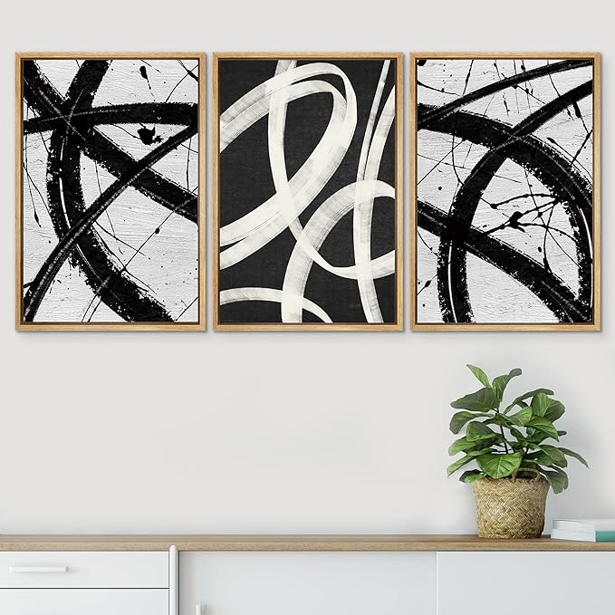 SIGNWIN Framed Canvas Print Wall Art Set Geometric Duotone Ring Landscape Graffiti & Street Art Abstract Illustrations Modern Art Nordic for Living Room, Bedroom, Office - 24"x36"x3 Natural