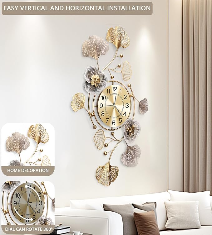 Clocks for Living Room, Large Wall Clock, 3D Silent Wall Clock, Retro Metal Ginkgo Leaf Design, for Bedroom Kitchen Decorative Wall Clocks（32''x18'' ）
