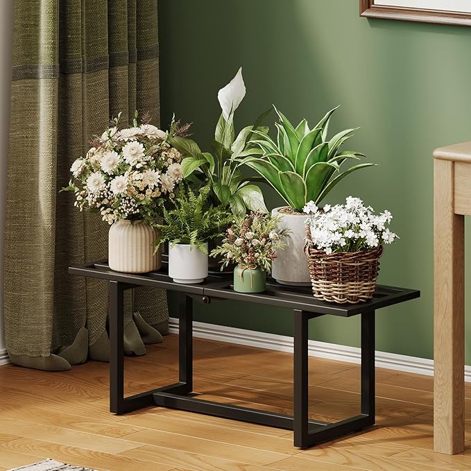 2 Pack Metal Plant Stand, Foldable Heavy Duty Indoor, Window Iron Plant Shelf - Mid Century Modern Slatted Bench for Patio, Garden, Living Room Load Bearing 330 lbs 26" L x 10.4" H x 8.6" W 1 Tier Black