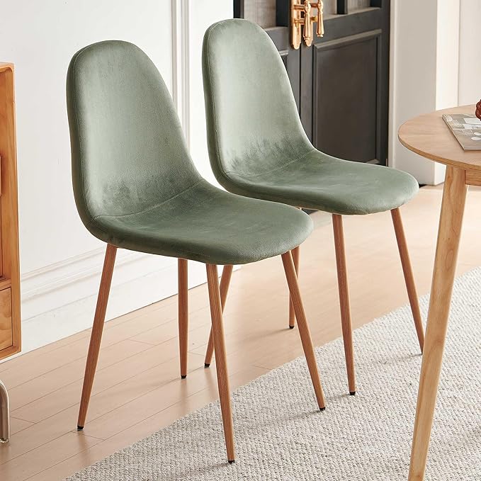 Velvet Dining Chairs Set of 4, Upholstered Dining Room Chairs with Oak Look Foiled Steel Legs, Comfortable Armless Kitchen Chairs for Living Room, Green
