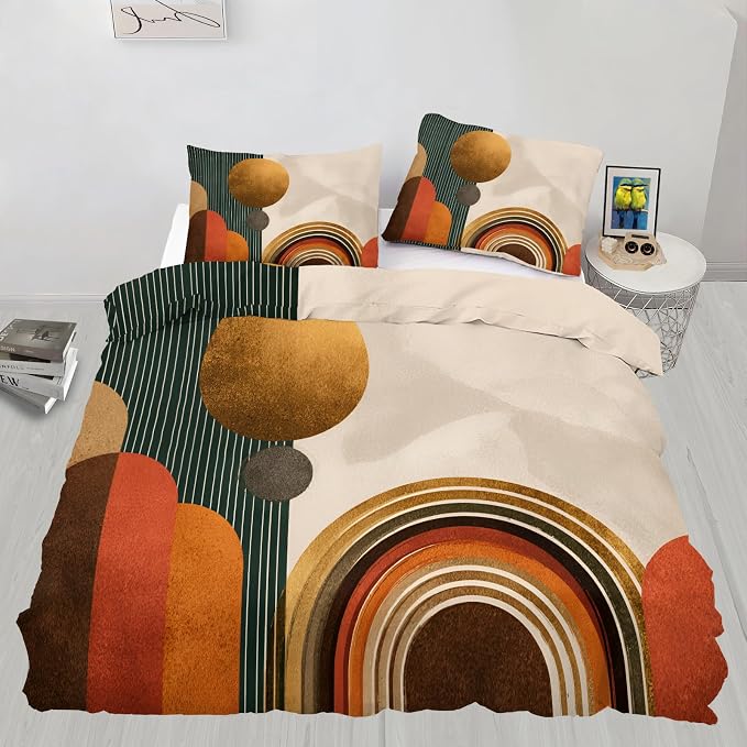 Mid Century Modern Duvet Cover Full Size, Boho Abstract Geometric Line Bedding Set 3 Piece, Sun Boho Geometric Patterned Comforter Cover with Zipper Soft Microfiber, 2 Pillowcases