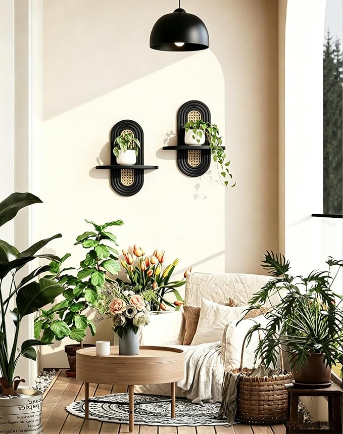 Floating Shelves for Wall, Boho Home Wall Decor,Rattan Plant Shelf Set of 2, Mid Century Small Decorative Shelf, Natural Wood Shelves for Living Room,Bedroom,House,Office (Black)