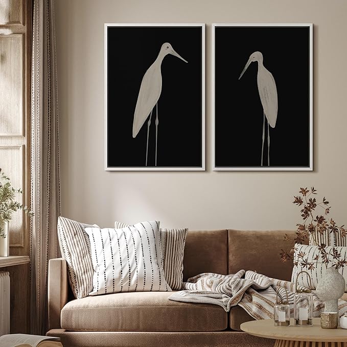 MUDECOR Framed Canvas Print Wall Art Minimalist Crane Silhouettes Illustrations Modern Art Decorative Bohemian Colorful for Living Room, Bedroom, Office - 16"x24"x2 White