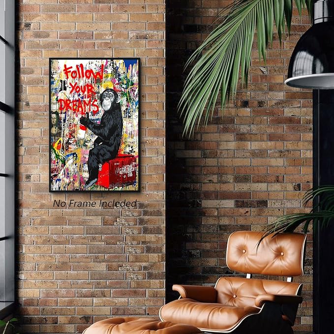 Tanmart Banksy Canvas Wall Art Monkey Follow Your Dreams Street Graffiti Wall Art Banksy Prints Gorilla Poster Monkey Artwork Graffiti Pictures Painting for Home Living Room Decor 16x24 Inch Unframed
