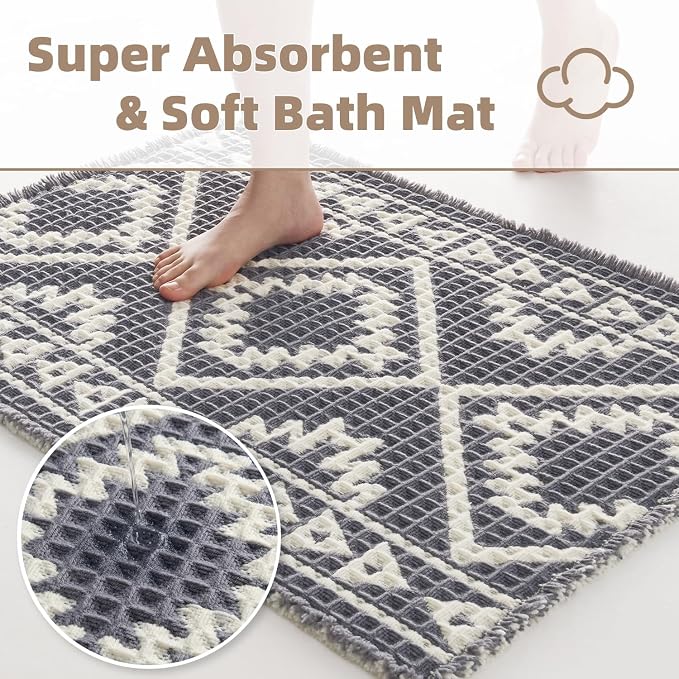 PADOOR Bath Mat-Super Absorbent Bath Mats for Bathroom, Machine Washable Non Slip Bathroom Rug with Tassels, Soft Bathroom Mat for Laundry Room, Bedroom, Grey & Cream 17"x28"