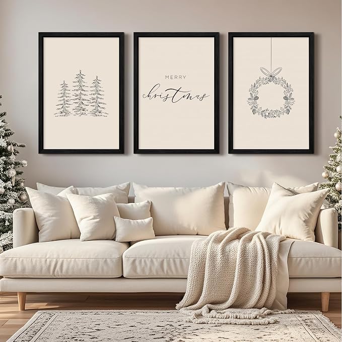 Christmas Wall Art Winter Xmas Canvas Decor Christmas Tree Picture Merry Christmas Wall Art Minimalist Vintage Painting Beige Farmhouse Prints Holiday Poster for Bathroom 12x16x3 Inch Framed