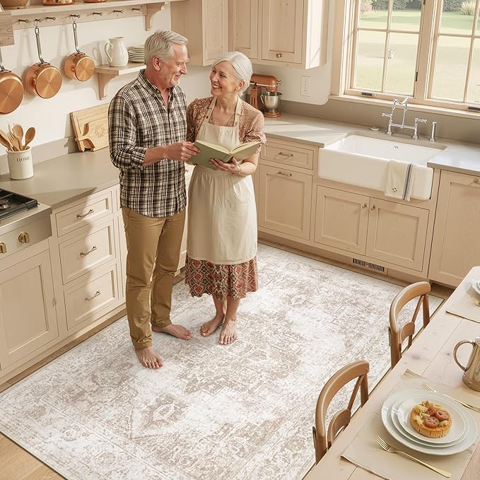 Area Rug 4x6 Vintage Rug: Washable Indoor Medallion Rugs Low Pile Distressed Floor Carpet Retro Accent Rug for Living Room Bedroom Kitchen Dining Table Home Office(Beige, 4'x6')