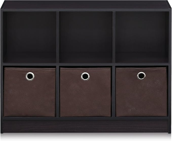 Furinno BASIC Book Shelf, 6-Cube Bookshelf with Open Shelf, 3 x 2 Bookcase with Storage Bins, Closed Back, Horizontal, 11.9 x 31.6 x 23.6, for Living Room, Bedroom, Home Office, Dark Walnut