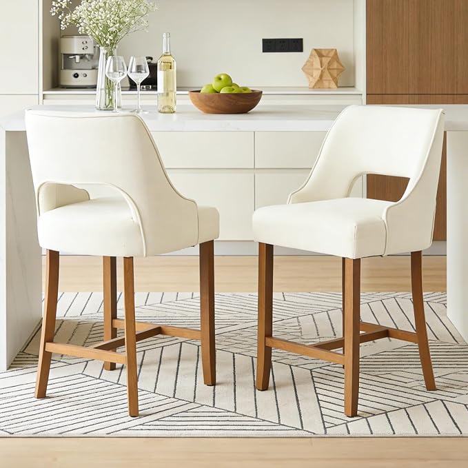 ClinQ Bar Stools Set of 6, 26" H Counter Height Bar Stools with Backs, Modern Upholstered Accent Barstools with H-Shaped Footrest for Kitchen Island, Dining Room and Bar, Beige-Walnut Legs
