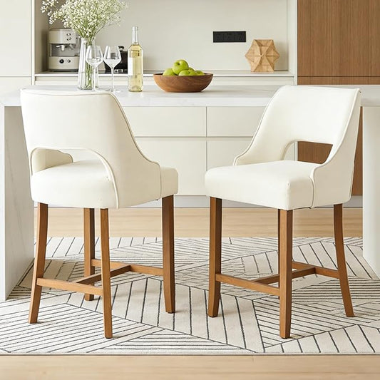 ClinQ Bar Stools Set of 2, 26" H Counter Height Bar Stools with Backs, Modern Upholstered Accent Barstools with H-Shaped Footrest for Kitchen Island, Dining Room and Bar, Beige-Walnut Legs