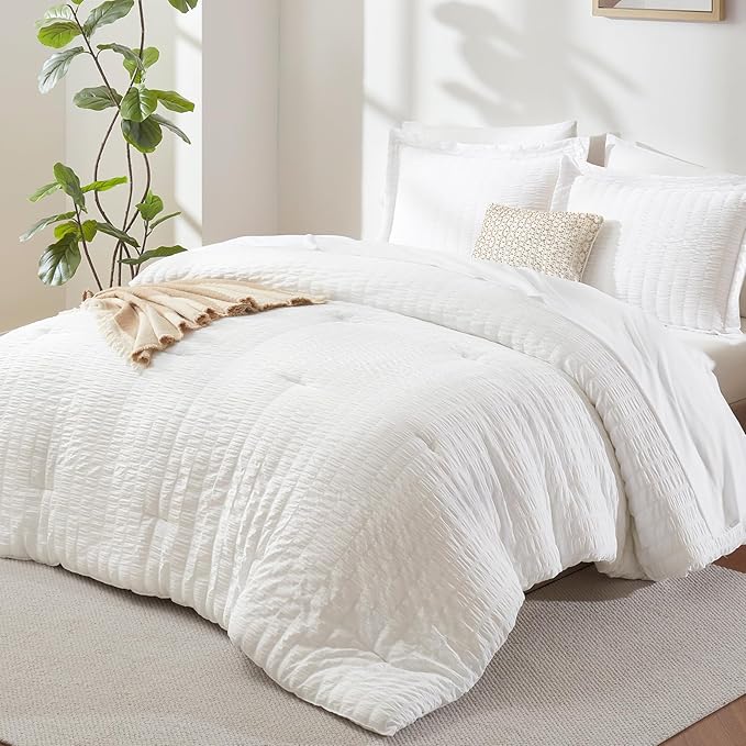CozyLux California King Comforter Set with Sheets 7 Pieces White Seersucker Bed in a Bag, Cal King Luxury All Season Bedding Set with Down Alternative Comforter, Sheets, Pillowcases & Shams, Home Gift