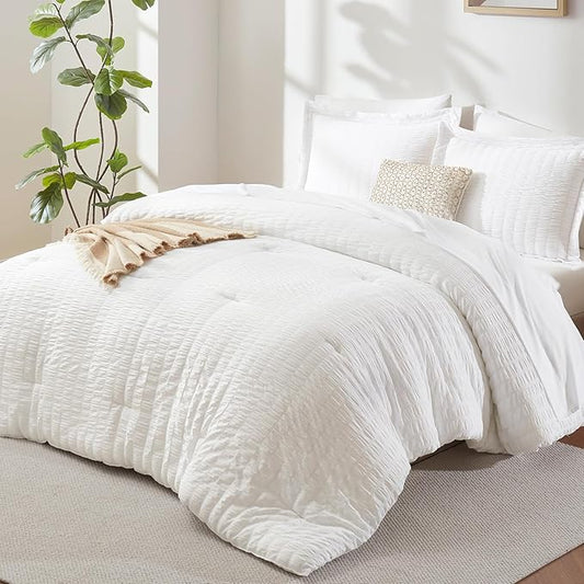 CozyLux Full Size Comforter Sets White, 7 Pieces Seersucker Textured Luxury Bed in a Bag, All Seasons Soft Bedding Sets with Down Alternative Comforter, Sheets, Pillowcases & Shams, Home Gift