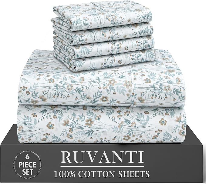 RUVANTI 100% Cotton Percale Sheets King Size 6 Piece Set, Cooling Bed Sheets for Hot Sleepers, Deep Pocket 16”, Breathable Lightweight & Durable, Crisp Hotel Style Sheets, Fleur & Field