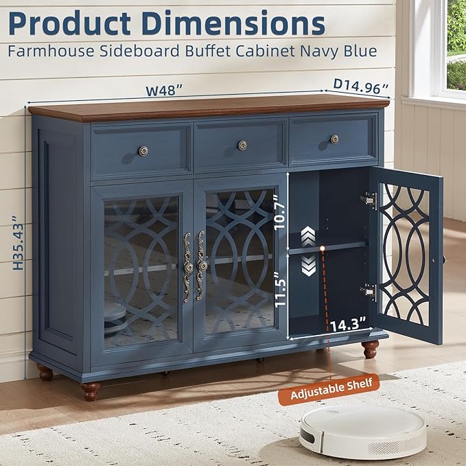 Large Sideboard Buffet Cabinet with Storage,48" Credenza with 3 Glass Doors & 3 Drawers,Adjustable Shelves Coffee Bar,Wood Kitchen Console Table for Dining Room,Living Room,Blue