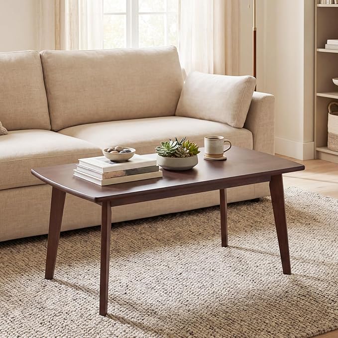 GOFLAME Solid Wood Coffee Table, 34.5" x 21" x 17" Mid-Century Modern Center Table with Storage, Curved Edges, Retro, Small Japanese Floor Table with Tapered Legs for Living Room, Apartment, Walnut