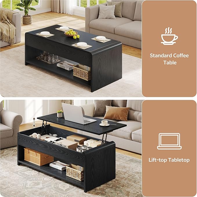 Lift Top Coffee Table, 35'' Multi-Function Coffee Table with Hidden Compartment & Open Shelf, Curved Profile Design, Converts to Home Office Table, Dining Table for Living Room, Black