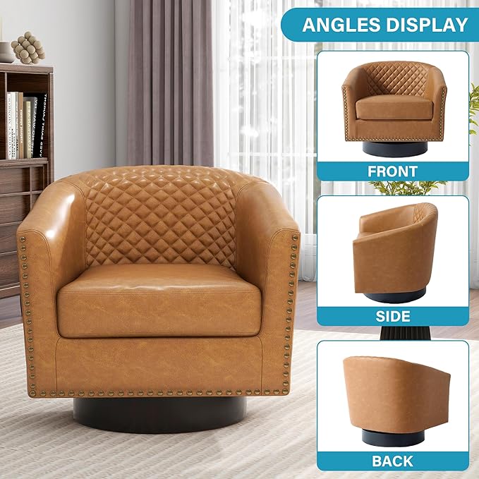 UIXE Swivel Barrel Accent Chairs Set of 2, Faux Leather Club Chair Upholstered Round Armchair for Living Room, Comfy Single Sofa Bedroom Reading Seat - Coffee