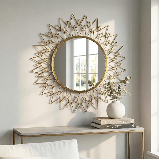 Gold Sunburst Round Wall Mirror 36", Decorative Circle Metal Frame Mirror, Large Decorative Circular Mirror for Living Room Wall Decor