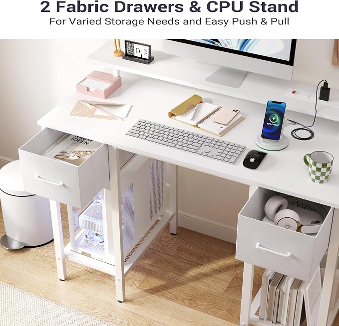 Furnify White Computer Desk with Drawers, 42 Inch Home Office Desk Study Writing Table, Gaming Desk with USB Power Outlets, Office Desk with Fabric Drawer, Work Table with Shelf for Bedroom, White