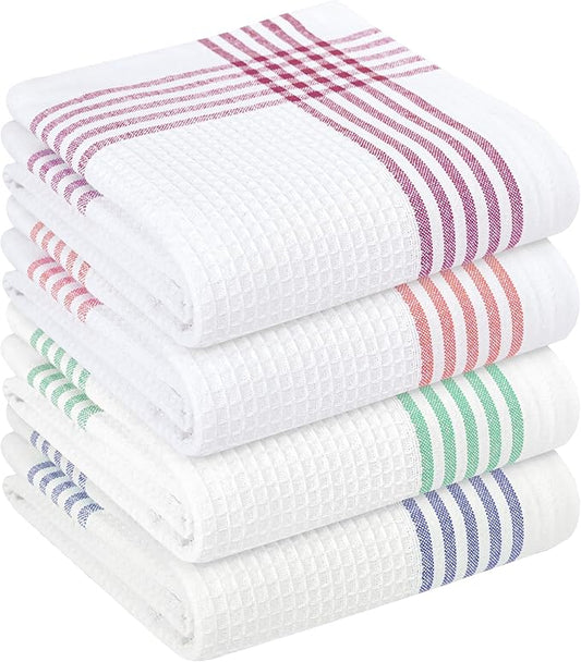 Waffle White & Multi Colors Kitchen Towels Set of 4, 100% Cotton, 16x26 inches, Quick Dry Dishcloths, Ideal Dish Towel for Drying, Wiping - Indigo Blue, Red, Dark Green, Burgundy