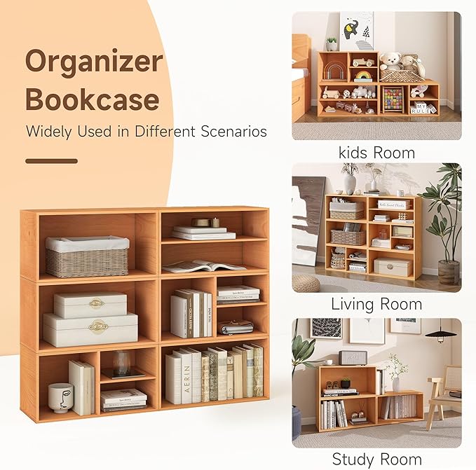 3 Cube Organizer Bookcase, Expandable Storage Shelves, Wooden Open Shelving Unit Book Shelf for Living Room, Office, Bedroom, Mid-Century Style Wood Furniture, Basswood Color (1 Set)