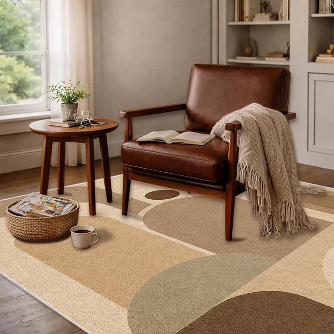 Neutral Geometric Area Rug 6x9, Mid Century Modern Abstract Rug, Soft Taupe Beige Color Block Washable Low Pile Non Slip Rug for Living Room Bedroom
