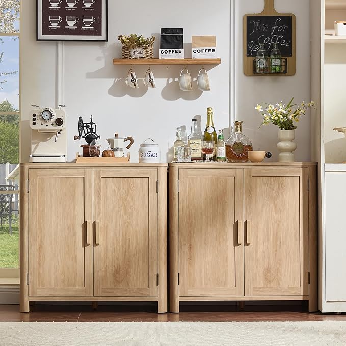 Joaxswe Sideboard Buffet Cabinet with Storage Set of 2, 31.5" Arc-Shaped Credenza with 2 Doors & Adjustable Shelves, Mid Century Coffee Bar Cabinet for Kitchen, Living Room, Natural