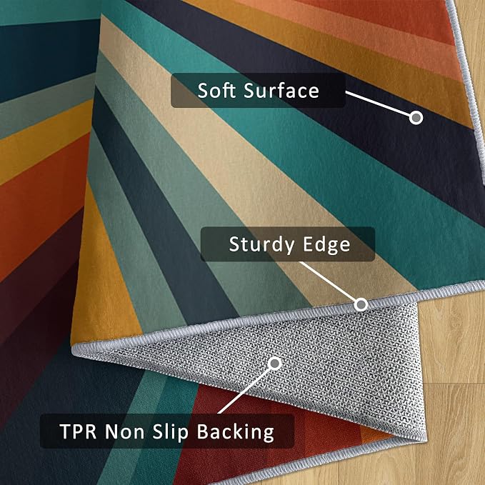 Retro Sunburst Rugs 5x8, 70s Colorful Abstract Washable 5 x 8 Area Rug for Living Room, Bedroom, Low Pile Non Slip Stain Resistant Carpet, Retro 70s Home Decor Accessories & M877