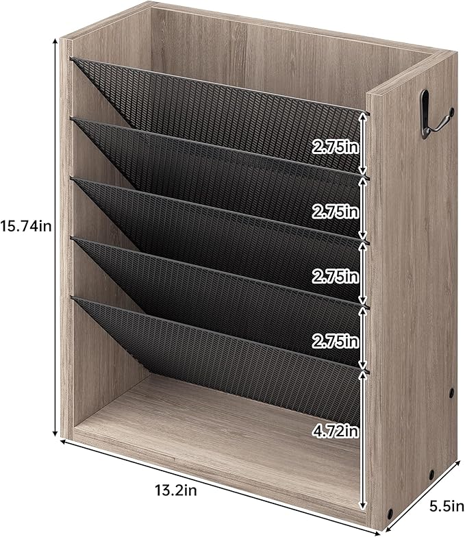 Creso hom Mail Organizer Wall Mounted, 6-Tier Wall File Organizer with 2 Hooks, Wooden Desk Organizer Magazine Holder with Bottom Flat Tray, for Office Home, Greige