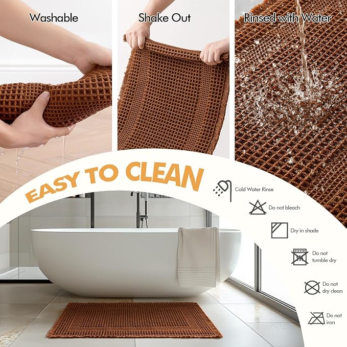 MIULEE Set of 2 Waffle Bathroom Rugs, Terracotta Boho Bath Rug Super Absorbent, Non Slip Washable Ultra Soft Rubber Backed Shower Bath Mats for Floor, Tub, Looped Design, Caramel, 17"x24"+18"x30"