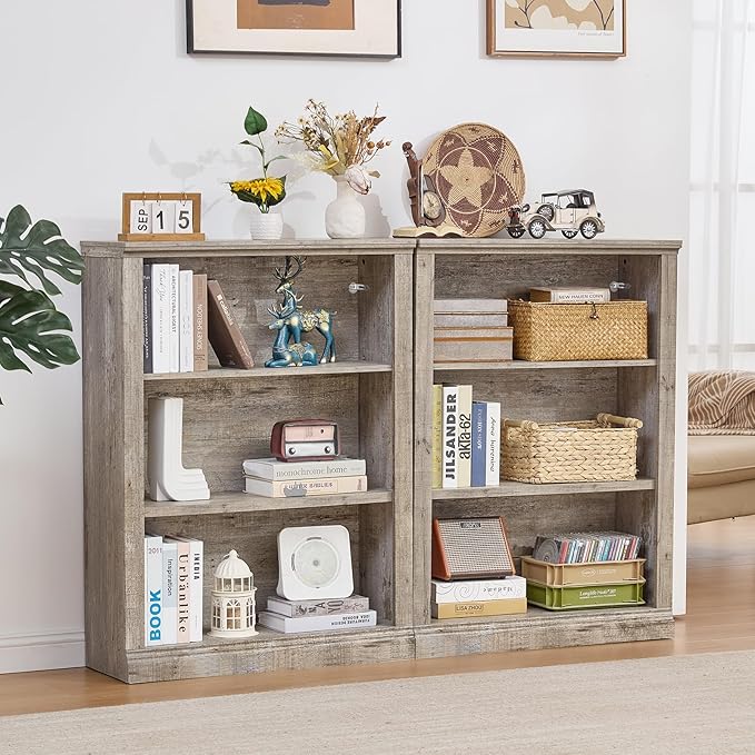 43" Grey Tall Bookshelf Set of 3,3-Tier Thick Wooden Book Shelf with Adjustable Shelves,Free Standing Farmhouse Bookcase with Open Display Storage,Floor Vintage Bookshelves for Living Room