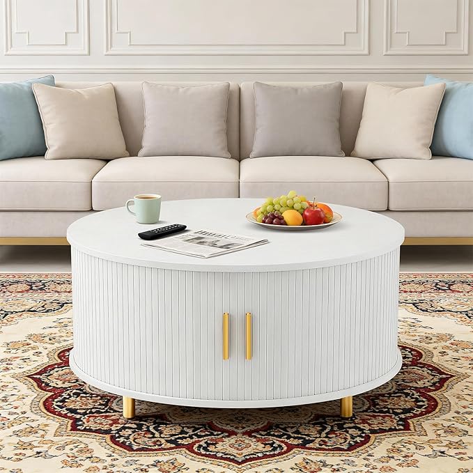 DHH Round Coffee Table, 31.5" Mid Century Modern Coffee Table with 360° Sliding Tambour Door, Fluted Accent Coffee Table with Storage Adjustable Footpads for Living Room (White)