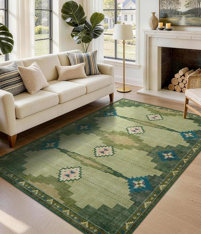 YIHOUSE Mid Century Modern Rugs for Living Room, 8x10 Green Rug No-Slip Southwestern Large Area Rug Washable Rugs for Bedroom, Dining Room
