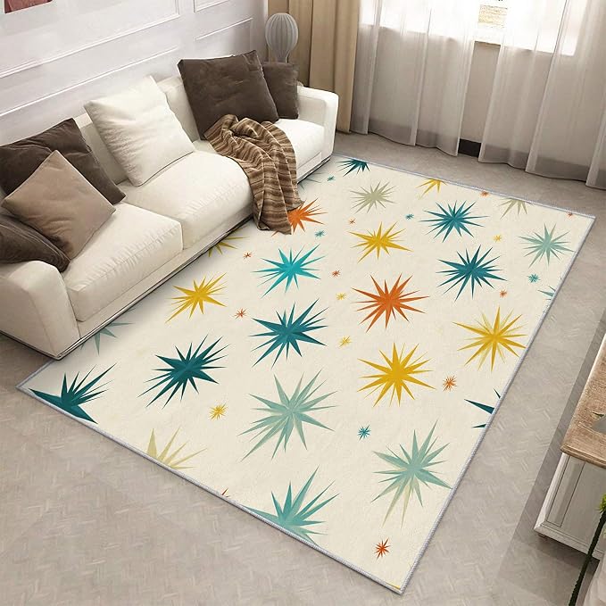 Mid Century Modern Rugs for Living Room Decor, 3x5 ft, Retro Starburst Atomic Area Rugs for Bedroom, Soft Non Slip Washable Geometric Sunburst Carpet Home Decorations D-g48