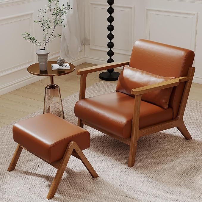 Accent Chair and Ottoman Set, Mid-Century Modern Faux Leather Armchair with Solid Wood Frame for Living Room, Bedroom, Balcony, Brown