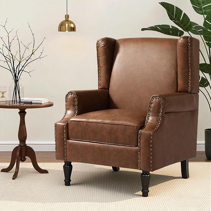 Faux Leather Wingback Chair, High Back Accent Chair, Comfy Upholstered Armchair with Nailhead Trim for Living Room, Single Sofa Reading Chair for Small Spaces, Bedroom-P Brown