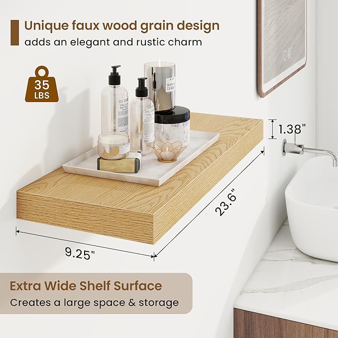 24in Floating Shelves for Wall, 24"W x 9.25"D x 1.25"H, 2 Pack Long Wall Mounted Engineered Wood Shelves with Invisible Brackets for Living Room, Bedroom, Bathroom, Kitchen Decor and Storage, Oak