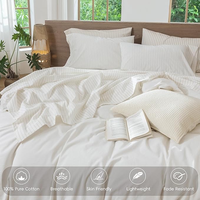 MooMee Striped Sheet Set 100% Washed Cotton Linen Like Textured Breathable Durable Soft Comfy (White Almond Milk Grey Wide Stripes, King)