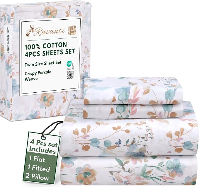 RUVANTI 100% Cotton Percale Sheets Twin Size 4 Piece Set, Cooling Bed Sheets for Hot Sleepers, Deep Pocket 16”, Breathable Lightweight & Durable, Crisp Hotel Style Sheets, Radiant