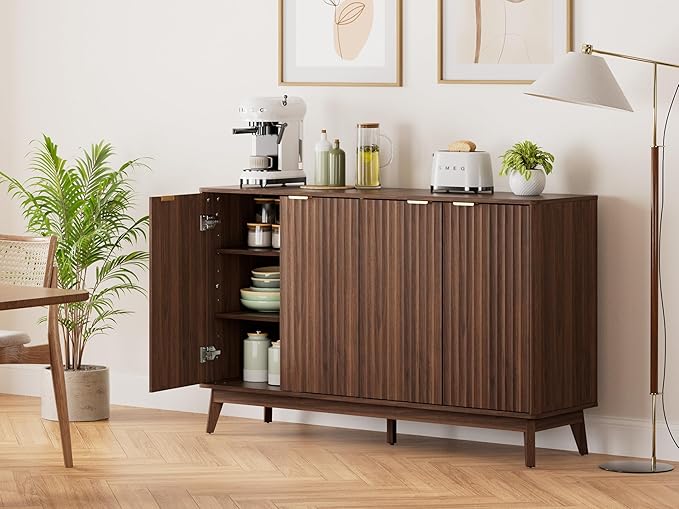 Buffet Cabinet, 55'' Walnut Coffee Bar Cabinet with Storage, Modern Fluted Sideboard Cabinet with Adjustable Shelf & Doors, Accent Credenza for Kitchen, Living Room, Entryway, Hallway