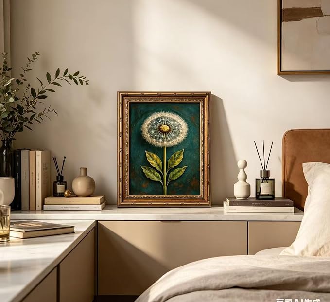 Vintage Gold Framed Dandelion Canvas Wall Art, Teal Background Botanical Oil Painting Print, Retro Moody Botanical Picture Poster， Country Farmhouse Wall Decor，for Home Living Room Bedroom，16x24in